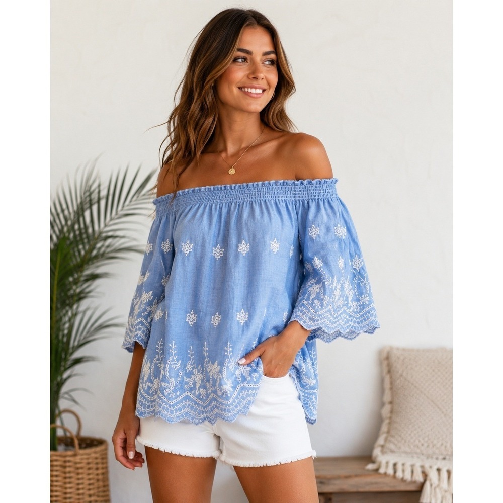 Now & Forever Chambray Off The Shoulder Tunic Size Large Embroidery‎ Cottagecore